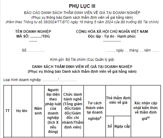 Mẫu báo cáo danh sách thẩm định viên về giá tại doanh nghiệp