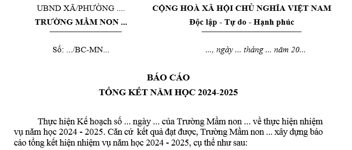 Mẫu Báo cáo tổng kết năm học của trường mầm non dưới đây
