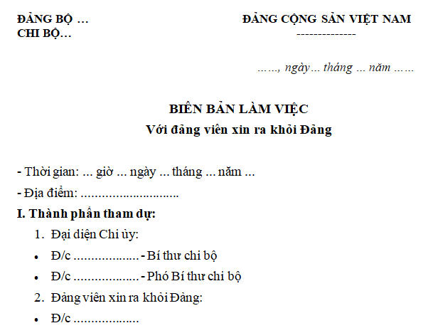 Mẫu Biên bản làm việc với đảng viên xin ra khỏi Đảng?