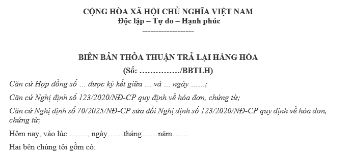 Mẫu biên bản trả lại hàng theo Nghị định 70