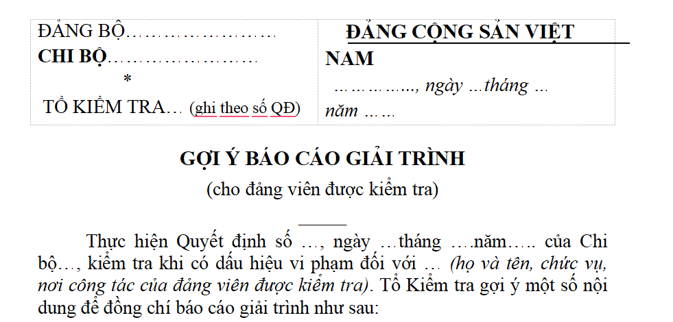 Mẫu Báo cáo giải trình cho đảng viên được kiểm tra?