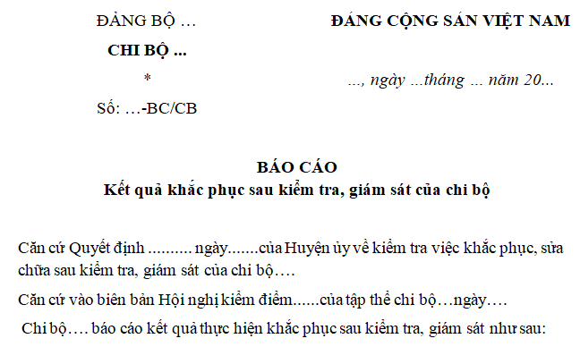 Mẫu Báo cáo khắc phục sau kiểm tra giám sát của chi bộ