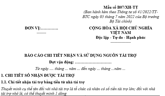 Mẫu Báo cáo chi tiết nhận và sử dụng nguồn tài trợ ủng hộ đồng bào Miền Bắc bị thiệt hại do bão số 3 Yagi?