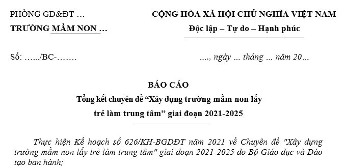 Mẫu Báo cáo tổng kết chuyên đề xây dựng trường mầm non lấy trẻ làm trung tâm