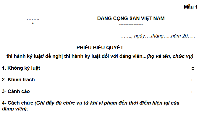 06 mẫu phiếu biểu quyết thi hành kỷ luật đảng viên mới nhất