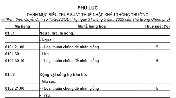 Danh mục Biểu thuế suất thuế nhập khẩu thông thường?