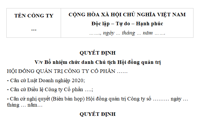 Mẫu Quyết định bổ nhiệm Chủ tịch Hội đồng quản trị Công ty 