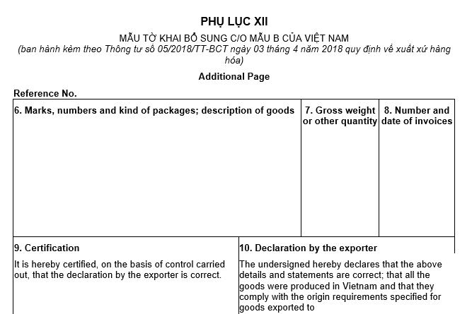 Mẫu tờ khai bổ sung CO form B của Việt Nam?