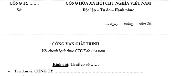 Mẫu công văn giải trình chênh lệch thuế GTGT đầu ra