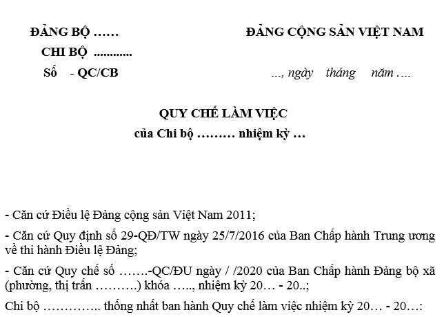 Mẫu Quy chế làm việc của chi bộ cơ sở mới nhất?