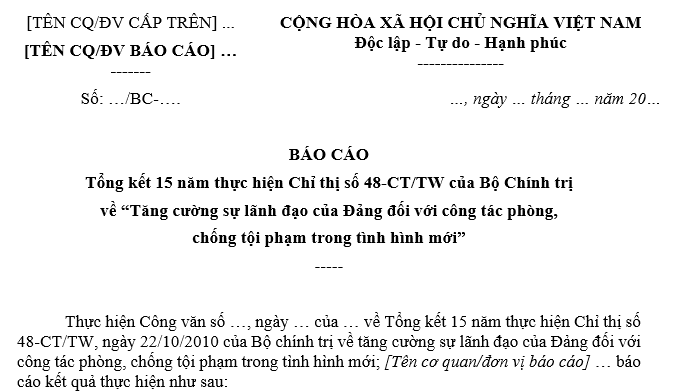 Mẫu Báo cáo tổng kết 15 năm thực hiện Chỉ thị số 48 CT TW