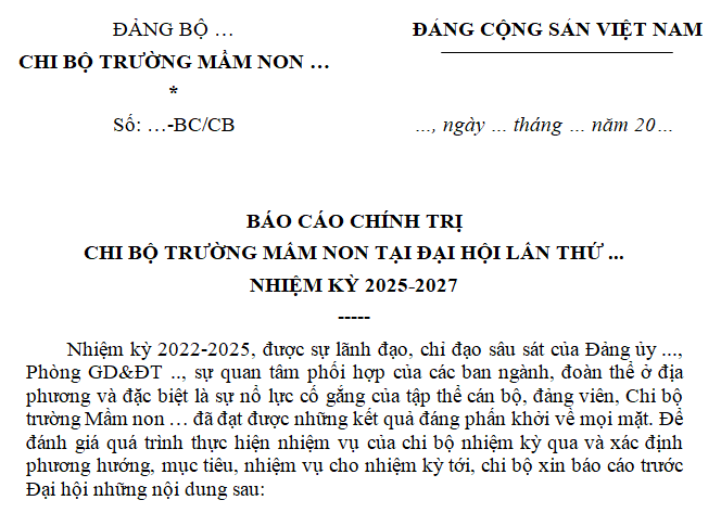 Báo cáo chính trị Đại hội chi bộ trường mầm non nhiệm kỳ 25 27? Mẫu Báo cáo chính trị Đại hội chi bộ?