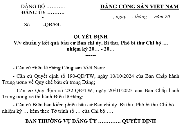 Mẫu 1 - Quyết định chuẩn y kết quả bầu cử Chi ủy chi bộ