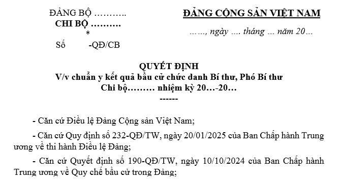 Mẫu 3 - Quyết định chuẩn y kết quả bầu cử Bí thư, Phó bí thư chi bộ