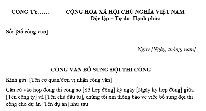 Mẫu công văn bổ sung đội thi công xây dựng công trình