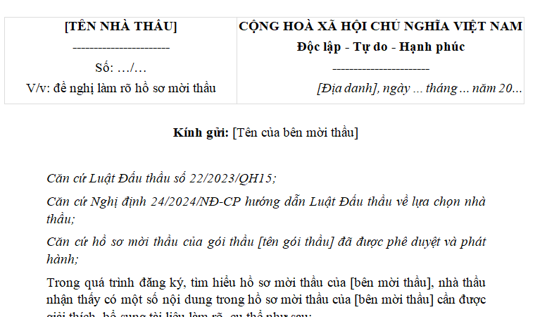  Mẫu Công văn yêu cầu làm rõ hồ sơ mời thầu