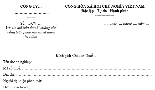 Mẫu công văn xin mở hóa đơn bị cưỡng chế