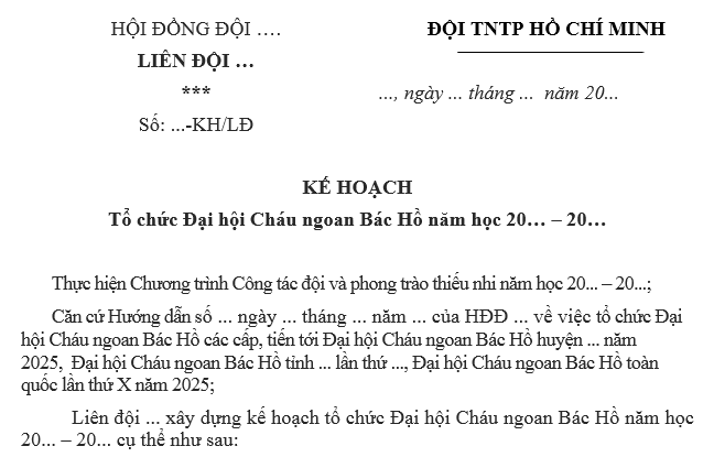 Mẫu Kế hoạch tổ chức Đại hội Cháu ngoan Bác Hồ