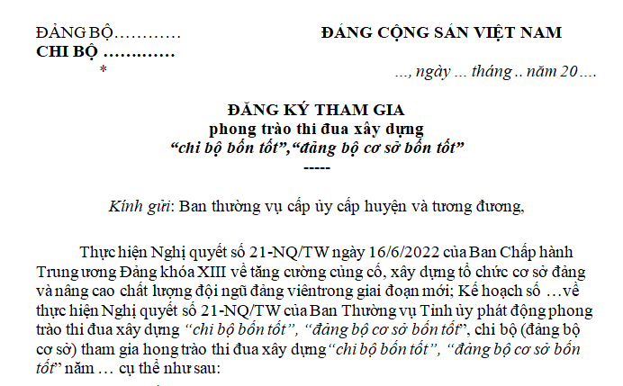 Mẫu đăng ký chi bộ 4 tốt, đảng bộ 4 tốt mới nhất