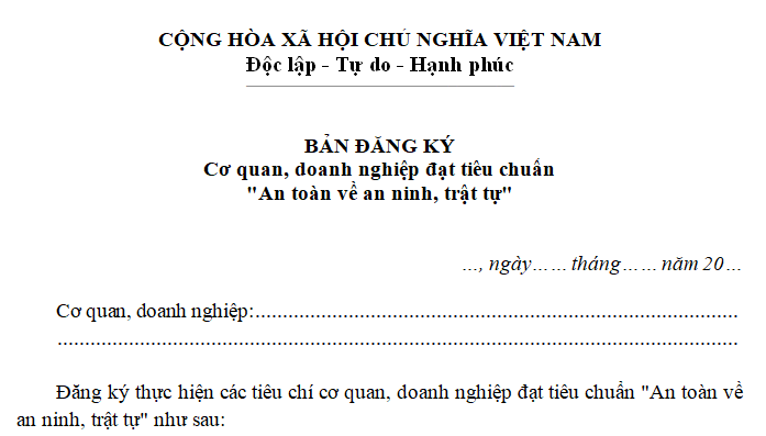 Bản đăng ký phấn đấu đạt tiêu chuẩn An toàn về an ninh trật tự