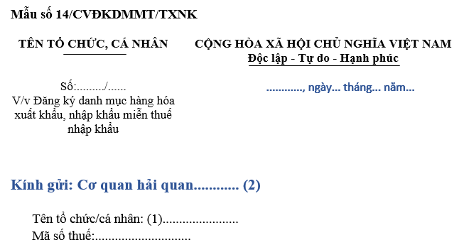 Mẫu Công văn đề nghị đăng ký Danh mục hàng hóa xuất khẩu, nhập khẩu miễn thuế?