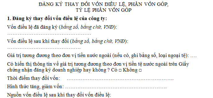 Mẫu đăng ký thay đổi vốn điều lệ công ty TNHH 