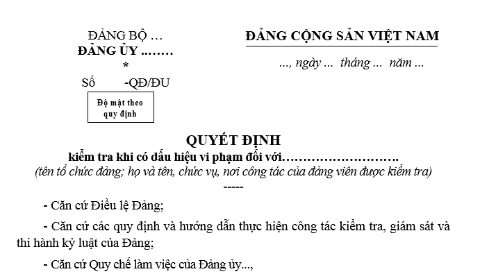 Mẫu Quyết định kiểm tra khi có dấu hiệu vi phạm của Đảng ủy cơ sở