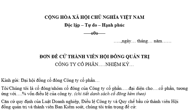 Mẫu đơn đề cử thành viên Hội đồng quản trị?