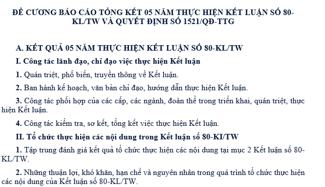 Đề cương báo cáo tổng kết 05 năm thực hiện Kết luận số 80 KL TW và Quyết định số 1521 QĐ TTg