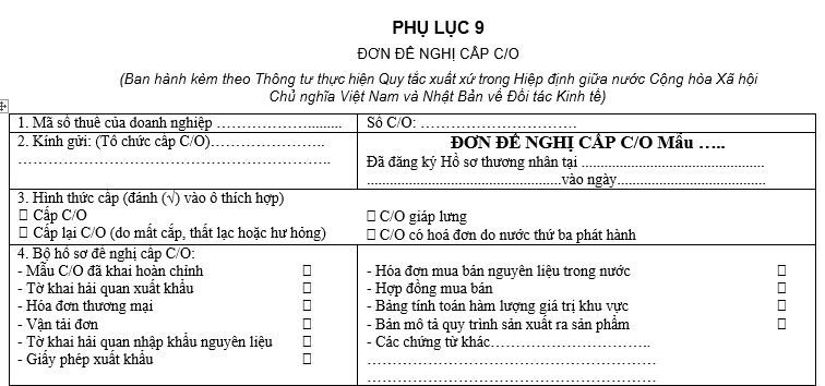 Mẫu đơn đề nghị cấp CO form VJ