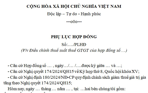 Mẫu phụ lục hợp đồng giảm thuế GTGT