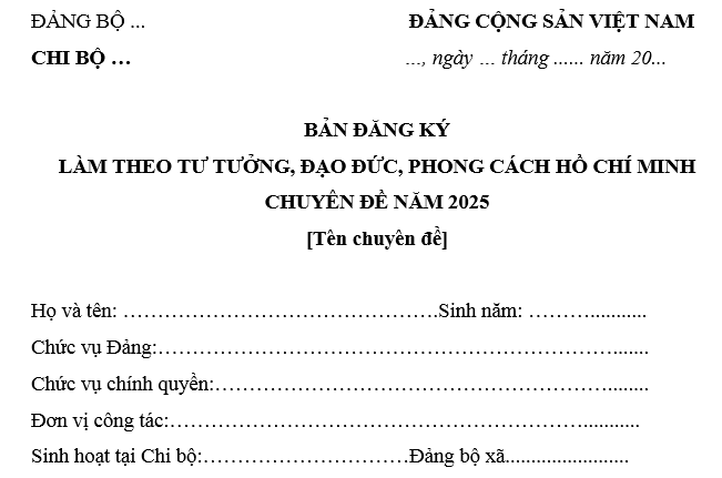 Mẫu đăng ký học tập chuyên đề mới nhất? Tải về Bản đăng ký học tập và làm theo tấm gương đạo đức Hồ Chí Minh?