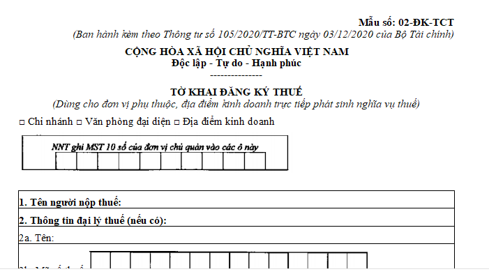 Mẫu Tờ khai đăng ký thuế dùng cho đơn vị phụ thuộc