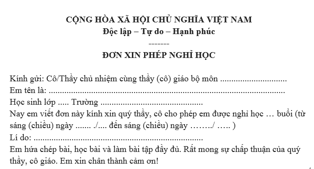 Mẫu đơn xin nghỉ học cấp 2