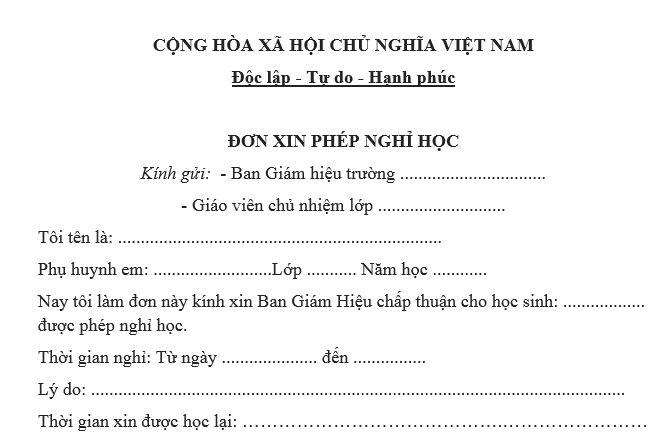 Mẫu đơn xin nghỉ học cấp 2 