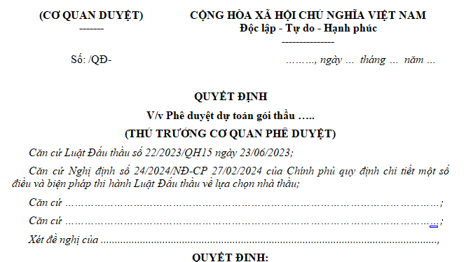 Mẫu quyết định phê duyệt dự toán gói thầu mua sắm