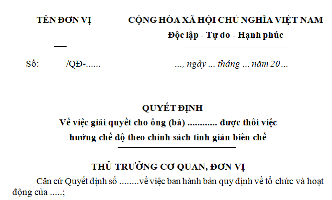  Mẫu quyết định giải quyết tinh giản biên chế theo Nghị định 29