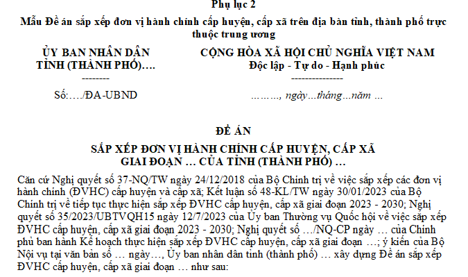 Mẫu đề án giải thể đơn vị hành chính cấp huyện theo Nghị quyết 35 và các phụ lục kèm theo.