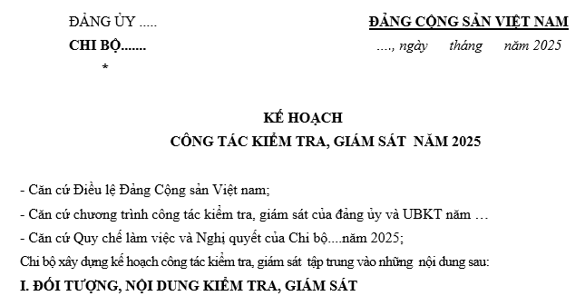 Mẫu kế hoạch kiểm tra giám sát của chi bộ năm 2025