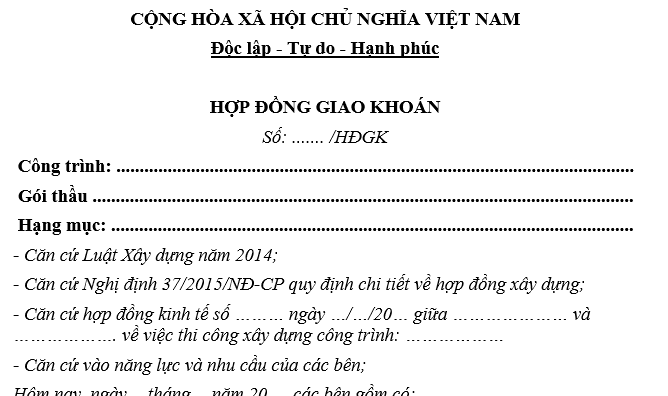 Mẫu hợp đồng giao khoán nội bộ trong xây dựng mới nhất