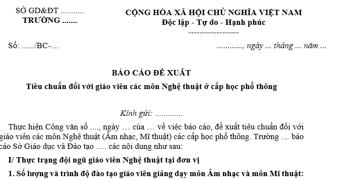 Mẫu đề cương Báo cáo đề xuất tiêu chuẩn đối với giáo viên các môn nghệ thuật ở các cấp học phổ thông