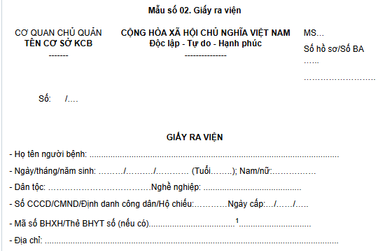 Mẫu giấy ra viện mới nhất theo Thông tư 25