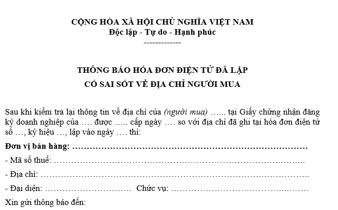 Mẫu thông báo hóa đơn điện tử sai địa chỉ người mua