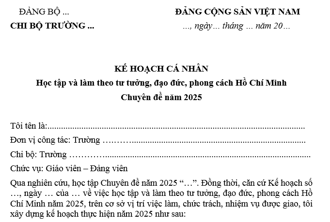 Mẫu Kế hoạch học tập và làm theo tư tưởng đạo đức phong cách Hồ Chí Minh của giáo viên?