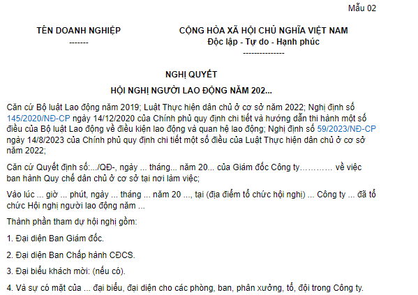 Mẫu Nghị quyết hội nghị người lao động mới nhất hiện nay?