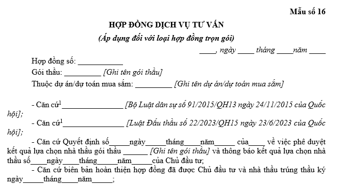 Mẫu hợp đồng dịch vụ tư vấn áp dụng đối với hợp đồng trọn gói mới nhất là mẫu nào? 