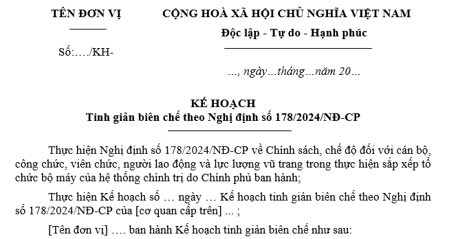 Mẫu kế hoạch tinh giản biên chế theo Nghị định 178