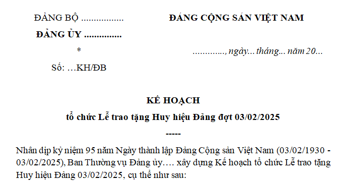 Mẫu Kế hoạch trao Huy hiệu Đảng