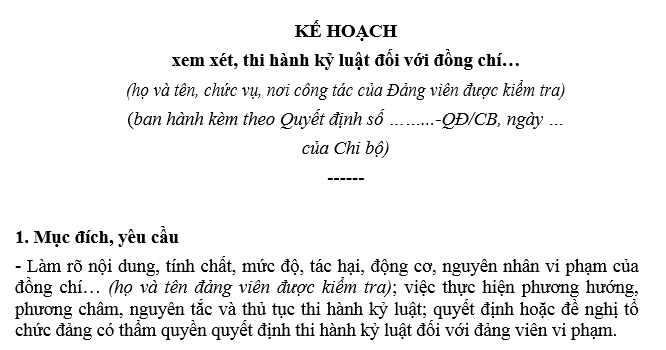 Mẫu Kế hoạch xem xét thi hành kỷ luật đảng viên mới nhất 