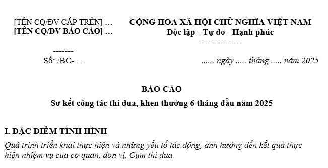 Mẫu Đề cương Báo cáo sơ kết công tác thi đua khen thưởng 6 tháng đầu năm 2025